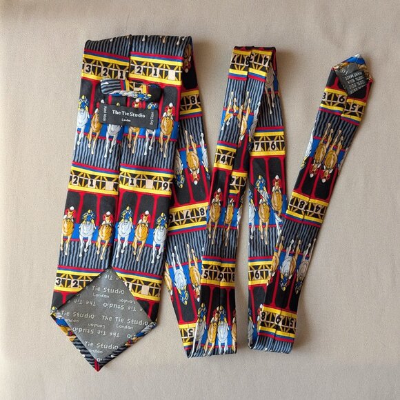 The Tie Studio London 100% Silk Tie Horse Racing Print Equestrian Hand Made - Picture 5 of 6